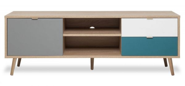 TV-Lowboard Colory in Sonoma Eiche hell mit Petrol, Wei� und Grau skandinavischer Fernsehtisch Tricolor 150 x 52 cm
