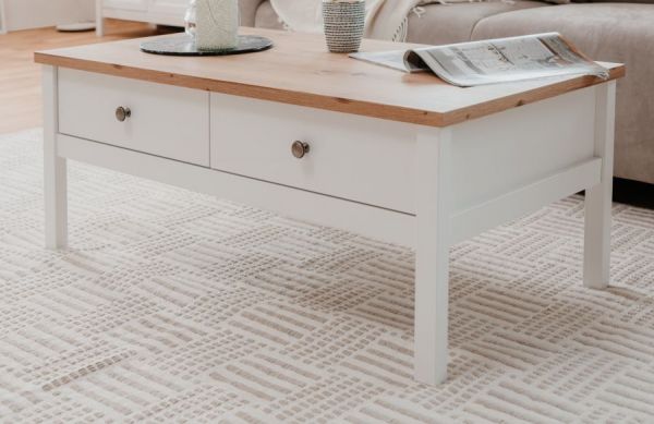 Couchtisch Vestland in wei� und Artisan Eiche Landhaus Wohnzimmertisch 110 x 55 cm Beistelltisch mit 2 x Schubkasten