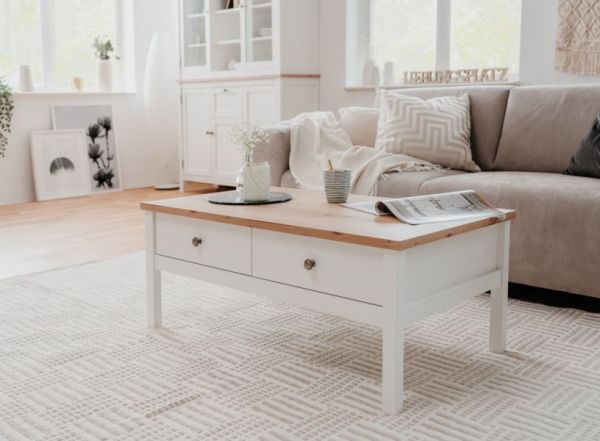 Couchtisch Vestland in wei� und Artisan Eiche Landhaus Wohnzimmertisch 110 x 55 cm Beistelltisch mit 2 x Schubkasten