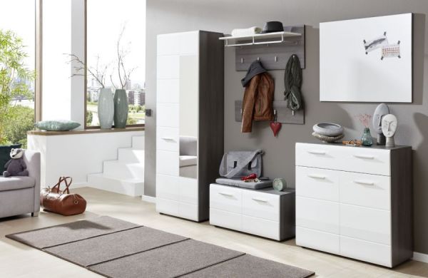 Schuhkommode Matrix in Hochglanz wei� und Sardegna grau Rauchsilber Schuhschrank 80 x 87 cm Flur Kommode