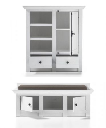 Garderobe Hooge in Pinie wei� Landhaus Garderobenkombination 3-tlg. mit Garderobenbank und Kommode