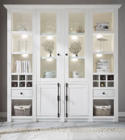 Buffetschrank Hooge in Pinie wei� Landhaus Vitrinenschrank mit Weinregal 194 x 207 cm