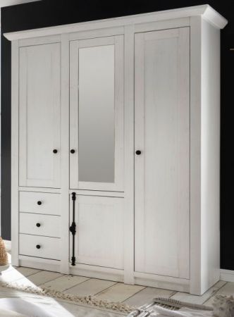 Kleiderschrank Hooge in Pinie wei� Landhaus Dreht�renschrank 4-t�rig mit Spiegel 147 x 206 cm