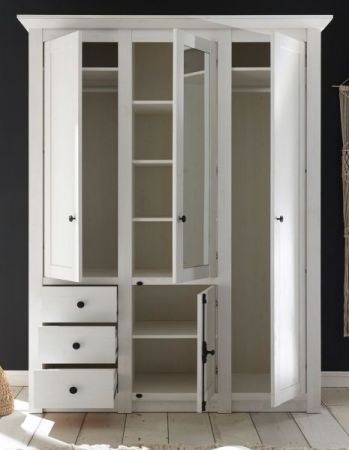 Kleiderschrank Hooge in Pinie wei� Landhaus Dreht�renschrank 4-t�rig mit Spiegel 147 x 206 cm