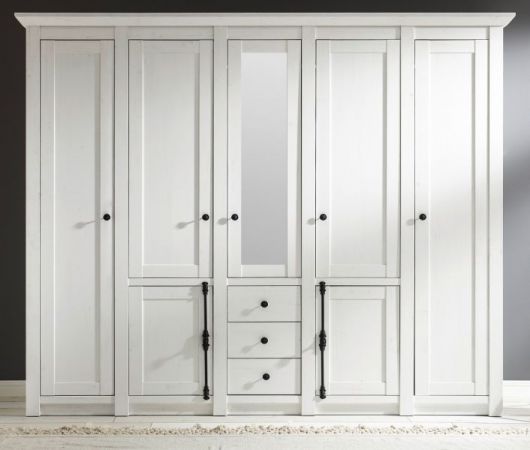 Kleiderschrank Hooge in Pinie wei� Landhaus Dreht�renschrank 7-t�rig mit Spiegel 236 x 206 cm