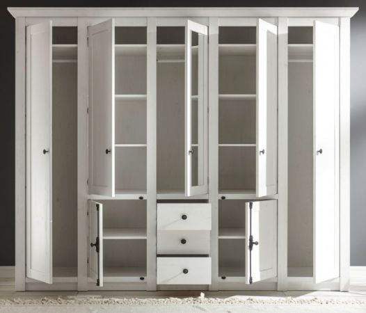 Kleiderschrank Hooge in Pinie wei� Landhaus Dreht�renschrank 7-t�rig mit Spiegel 236 x 206 cm
