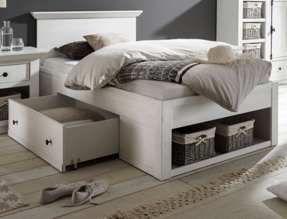 Bett Hooge in Pinie wei� Landhaus Stauraumbett mit Bettschubkasten Liegefl�che 90 x 200 cm