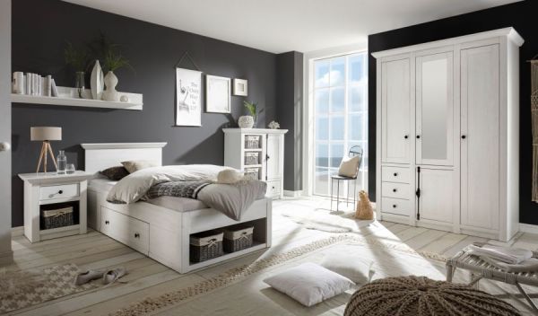 Bett Hooge in Pinie wei� Landhaus Stauraumbett mit Bettschubkasten Liegefl�che 90 x 200 cm