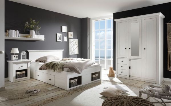 Bett Hooge in Pinie wei� Landhaus Stauraumbett mit 2 x Bettschubkasten Liegefl�che 140 x 200 cm