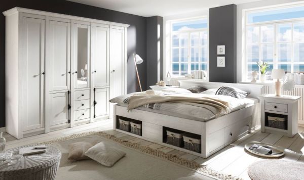 Schlafzimmer komplett Hooge in Pinie wei� Landhaus Set mit Doppelbett, Kleiderschrank und 2 x Nachttisch