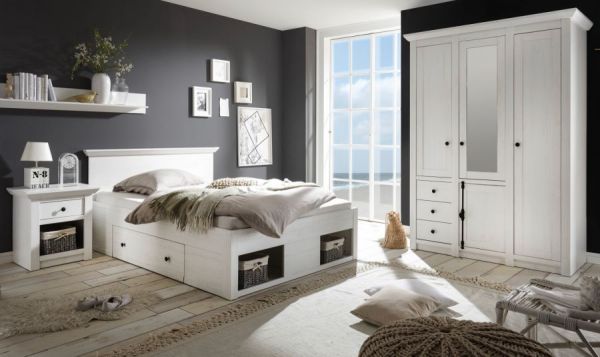 Schlafzimmer komplett Hooge in Pinie wei� Landhaus Set mit Bett, Kleiderschrank und Nachttisch