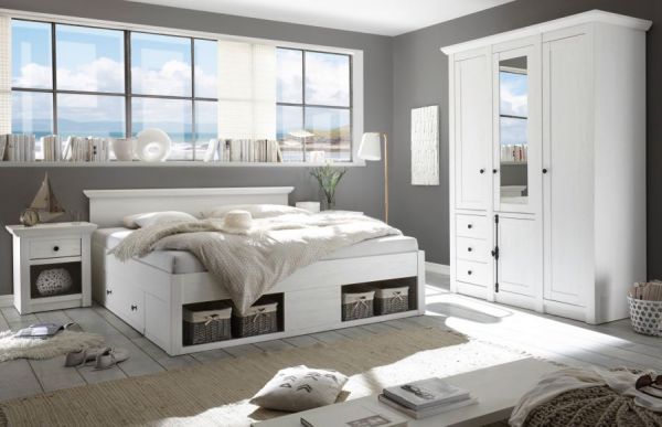 Schlafzimmer komplett Hooge in Pinie wei� Landhaus Set mit Doppelbett, Kleiderschrank und Nachttisch
