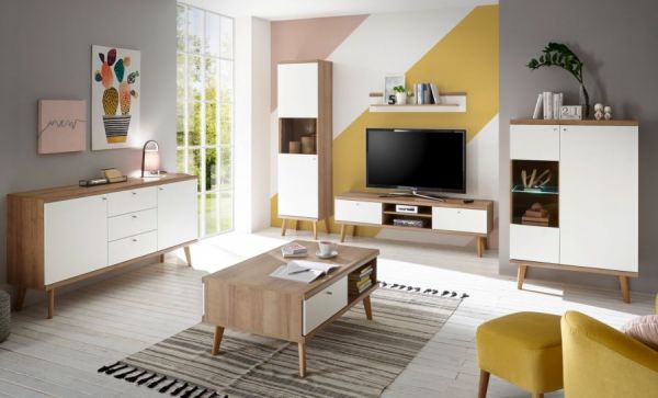 Wohnwand Helge in wei� und Eiche Riviera Schrankwand skandinavisch 4-teilig 320 x 197 cm