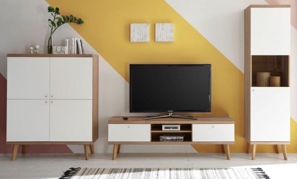 Wohnwand Helge in wei� und Eiche Riviera Schrankwand skandinavisch 3-teilig 337 x 197 cm