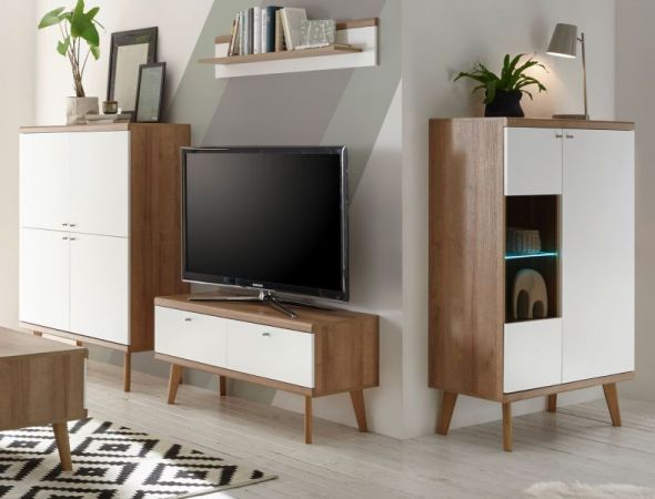 Wohnwand Helge in wei� und Eiche Riviera Schrankwand skandinavisch 4-teilig 324 x 160 cm