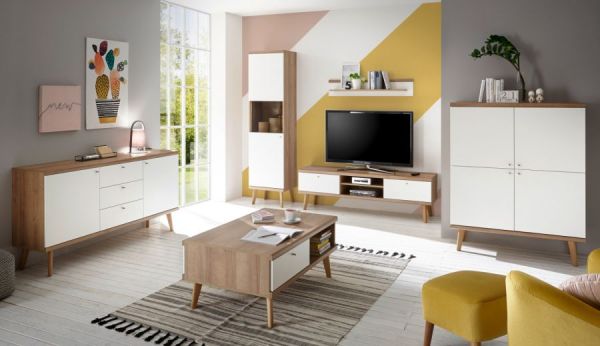 Esstisch Helge in wei� und Eiche Riviera K�chentisch skandinavisch ausziehbar mit Einlegeplatte 140 / 180 x 80 cm