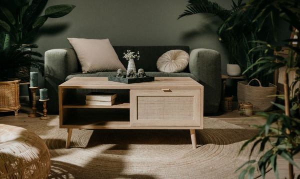 Couchtisch Niran in Sonoma Eiche mit Bast - Dekor Beistelltisch skandinavisch mit Ablage 100 x 60 cm