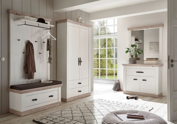 Garderobenkombination Rovola in Pinie wei� / Oslo Pinie Landhaus Garderobe Set 3-tlg. 224 x 201 cm