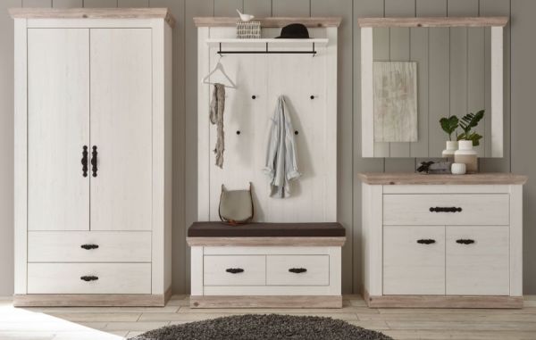 Garderobenkombination Rovola in Pinie wei� / Oslo Pinie Landhaus Garderobe Set 5-tlg. 341 x 201 cm