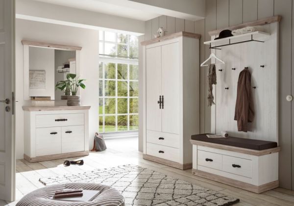 Garderobenkombination Rovola in Pinie wei� / Oslo Pinie Landhaus Garderobe Set 5-tlg. 341 x 201 cm