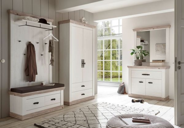 Garderobenkombination Rovola in Pinie wei� / Oslo Pinie Landhaus Garderobe Set 4-tlg. 224 x 201 cm