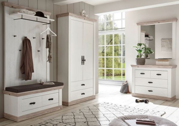 Garderobenpaneel Rovola in Pinie wei� / Oslo Pinie Landhaus Wandgarderobe 107 x 153 cm