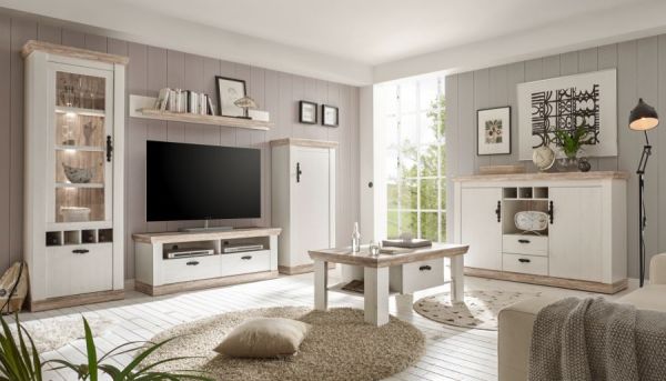 Wohnwand Rovola in Pinie wei� / Oslo Pinie Landhaus Schrankwand 4-teilig 296 x 201 cm