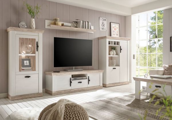 Wohnwand Rovola in Pinie wei� / Oslo Pinie Landhaus Schrankwand 4-teilig 352 x 170 cm