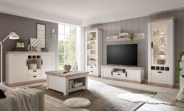 Regalschrank Rovola in Pinie wei� / Oslo Pinie Landhaus Vitrine 71 x 201 cm