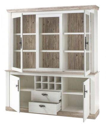 Buffetschrank Rovola in Pinie wei� / Oslo Pinie Landhaus Vitrinenschrank mit Weinregal 184 x 205 cm