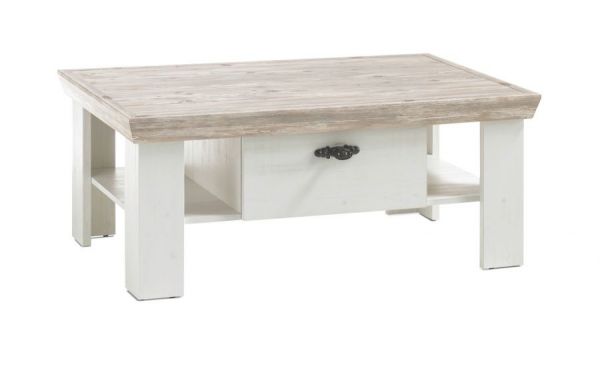 Couchtisch Rovola in Pinie wei� / Oslo Pinie Landhaus Beistelltisch mit Ablage und 2 x Schubkasten 109 x 69 cm