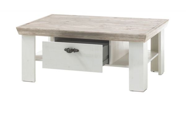 Couchtisch Rovola in Pinie wei� / Oslo Pinie Landhaus Beistelltisch mit Ablage und 2 x Schubkasten 109 x 69 cm