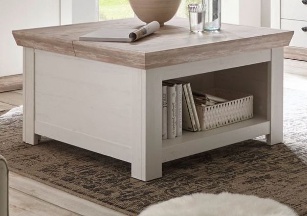 Couchtisch Rovola in Pinie wei� / Oslo Pinie Landhaus Beistelltisch mit Truhe und Ablage 86 x 86 cm quadratisch