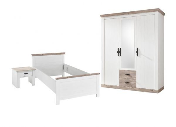 Schlafzimmer komplett Rovola in Pinie wei� / Oslo Pinie Landhaus Komplettzimmer mit Bett, Kleiderschrank und Nachttisch