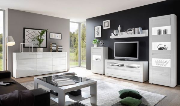 Vitrine Nobile in wei� Hochglanz und Stone Design grau Vitrinenschrank 66 x 112 cm Kommode