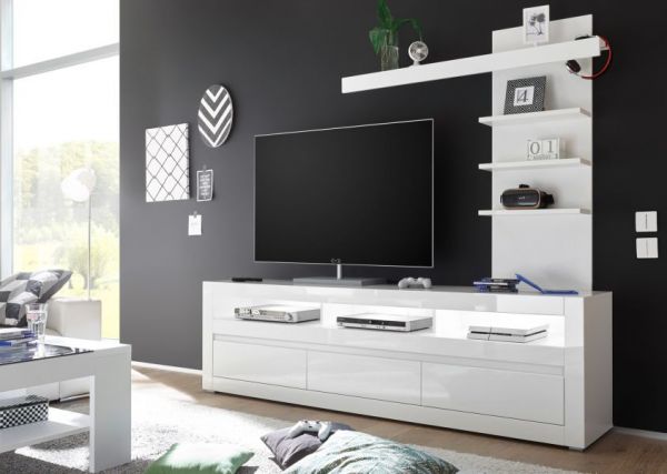 TV-Lowboard Nobile in Hochglanz wei� und Stone Design grau TV-Unterteil in Komforth�he 217 x 63 cm