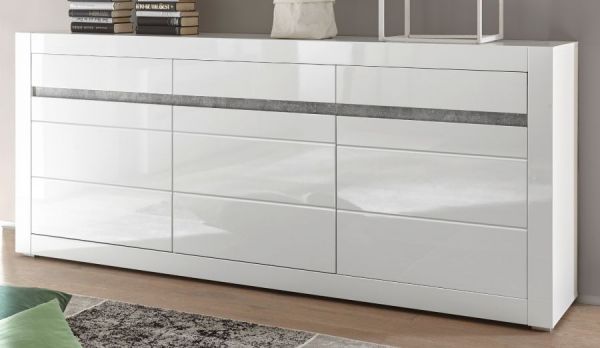 Sideboard Nobile in wei� Hochglanz und Stone Design grau Kommode 217 x 90 cm