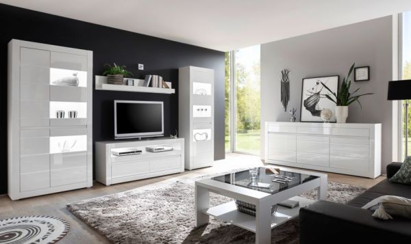 Sideboard Nobile in wei� Hochglanz und Stone Design grau Kommode 217 x 90 cm
