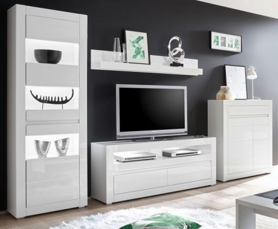 Wohnwand Nobile in Hochglanz wei� und Stone Design grau Anbauwand 4-teilig 336 x 198 cm