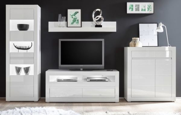 Wohnwand Nobile in Hochglanz wei� und Stone Design grau Anbauwand 4-teilig 336 x 198 cm