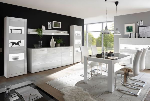Wohnwand 2-tlg. Nobile in Hochglanz wei� und Stone Design grau TV-Lowboard und Wandregal 217 x 163 cm