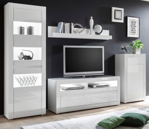 Wohnwand Nobile in Hochglanz wei� und Stone Design grau Anbauwand 4-teilig 302 x 198 cm
