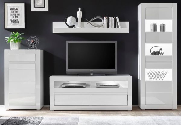 Wohnwand Nobile in Hochglanz wei� und Stone Design grau Anbauwand 4-teilig 302 x 198 cm