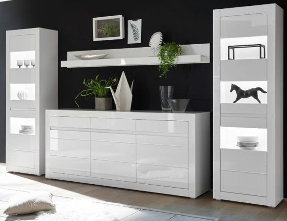 Wohnwand Nobile in Hochglanz wei� und Stone Design grau Anbauwand 4-teilig 369 x 198 cm