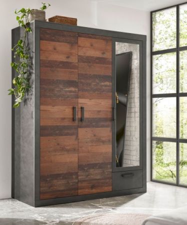 Kleiderschrank Ward in Old Used Wood Shabby Design mit Matera grau Dreht�renschrank 3-t�rig mit Spiegel 150 x 201 cm