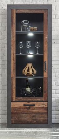 Vitrine Ward in Old Used Wood Shabby Design mit Matera grau Vitrinenschrank 65 x 201 cm