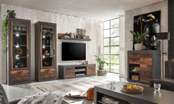Vitrine Ward in Old Used Wood Shabby Design mit Matera grau Vitrinenschrank 65 x 201 cm