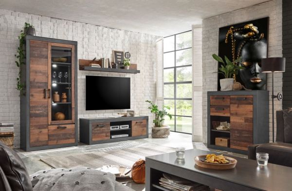Vitrine Ward in Old Used Wood Shabby Design mit Matera grau Vitrinenschrank 97 x 201 cm