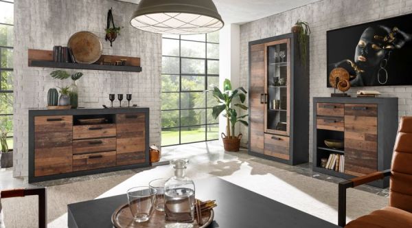 Wohnwand Ward in Old Used Wood Shabby Design mit Matera grau Schrankwand 3-teilig 255 cm