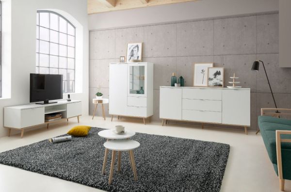 Kommode Lundby in matt wei� mit Sonoma Eiche massiv Schubladenkommode skandinavisch 80 x 87 cm